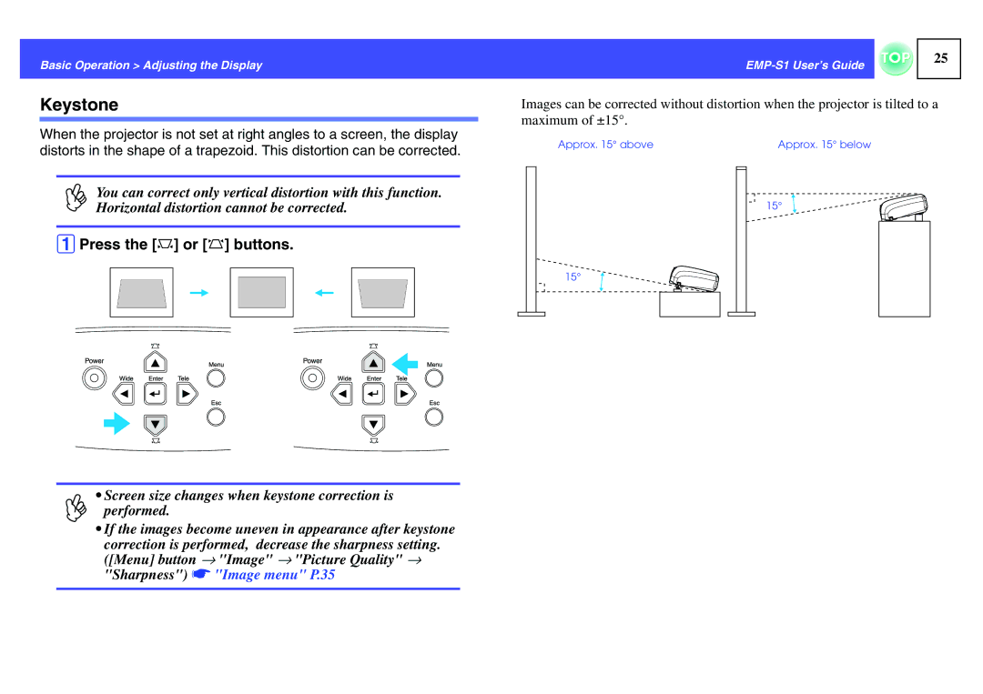Epson 1EMP-S1 manual Keystone, APress the v or w buttons 