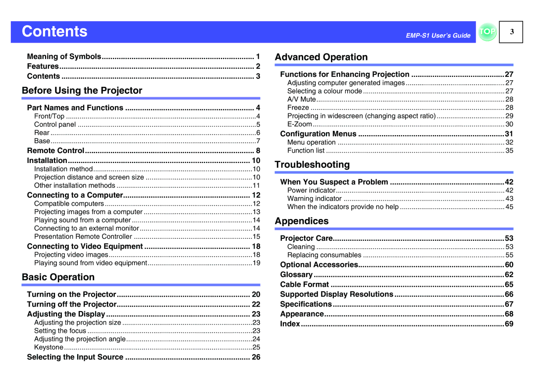 Epson 1EMP-S1 manual Contents 