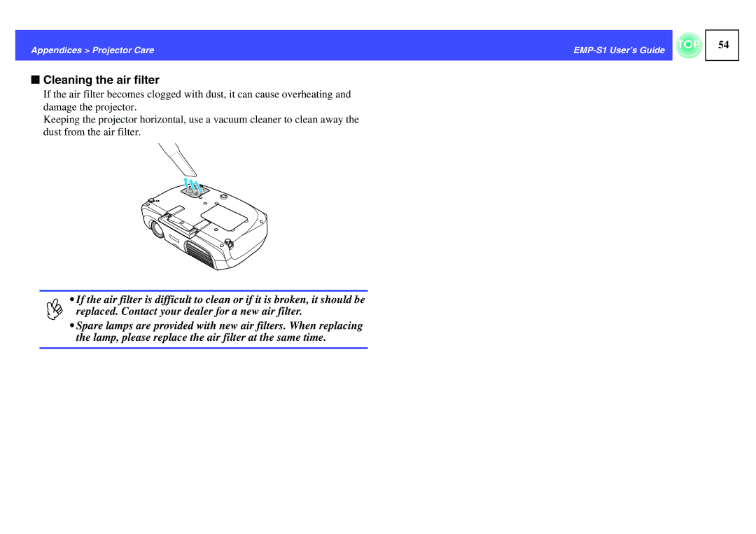 Epson 1EMP-S1 manual Cleaning the air filter 