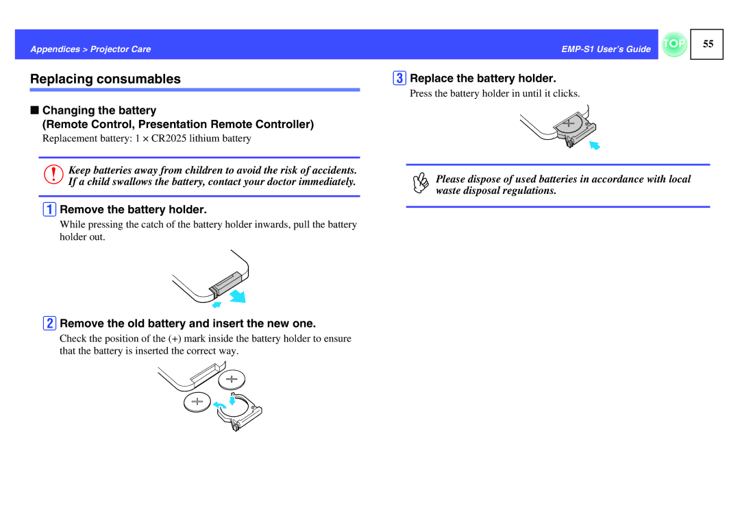 Epson 1EMP-S1 manual Replacing consumables, ARemove the battery holder, BRemove the old battery and insert the new one 