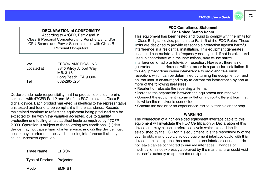 Epson 1EMP-S1 manual FCC Compliance Statement For United States Users 