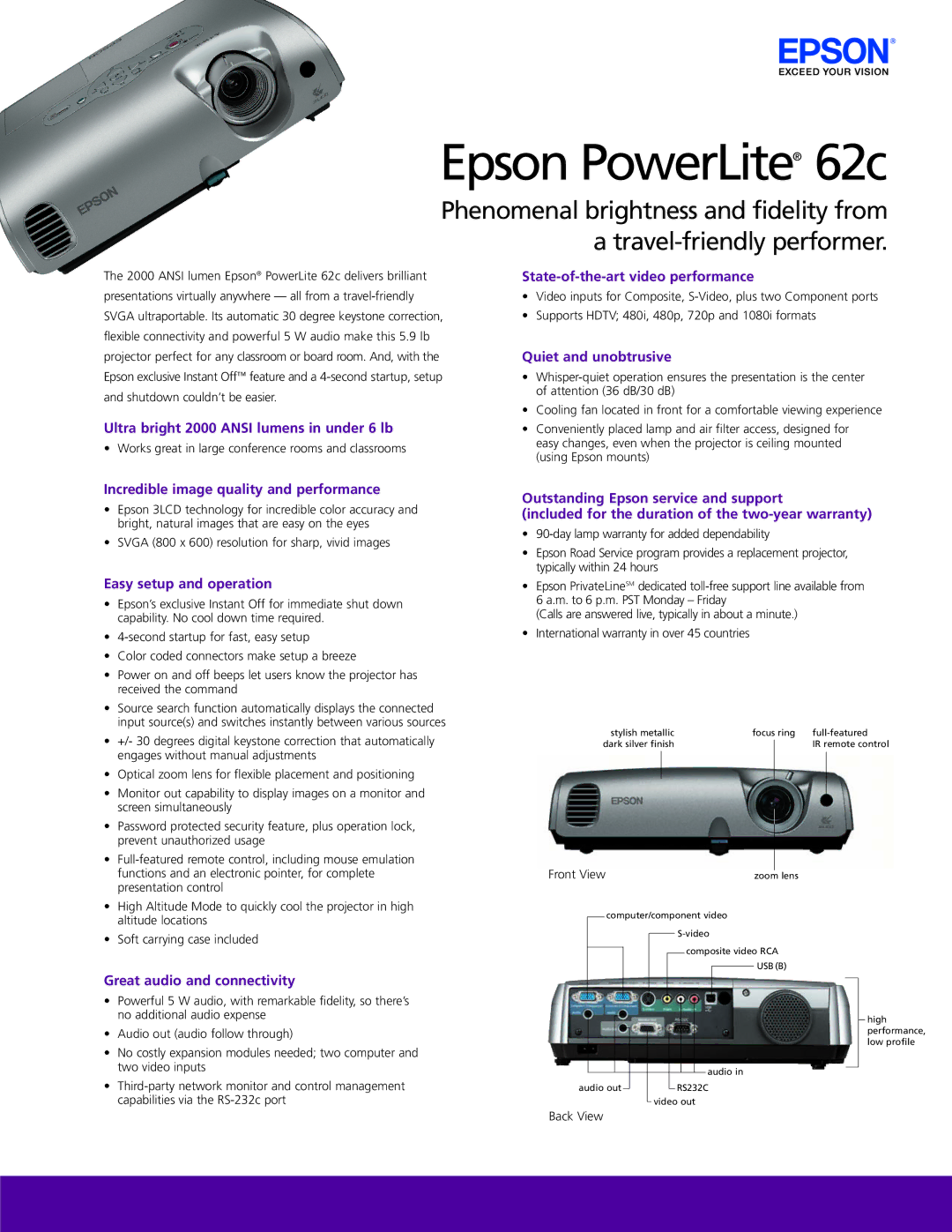 Epson warranty Ultra bright 2000 Ansi lumens in under 6 lb, State-of-the-art video performance, Quiet and unobtrusive 