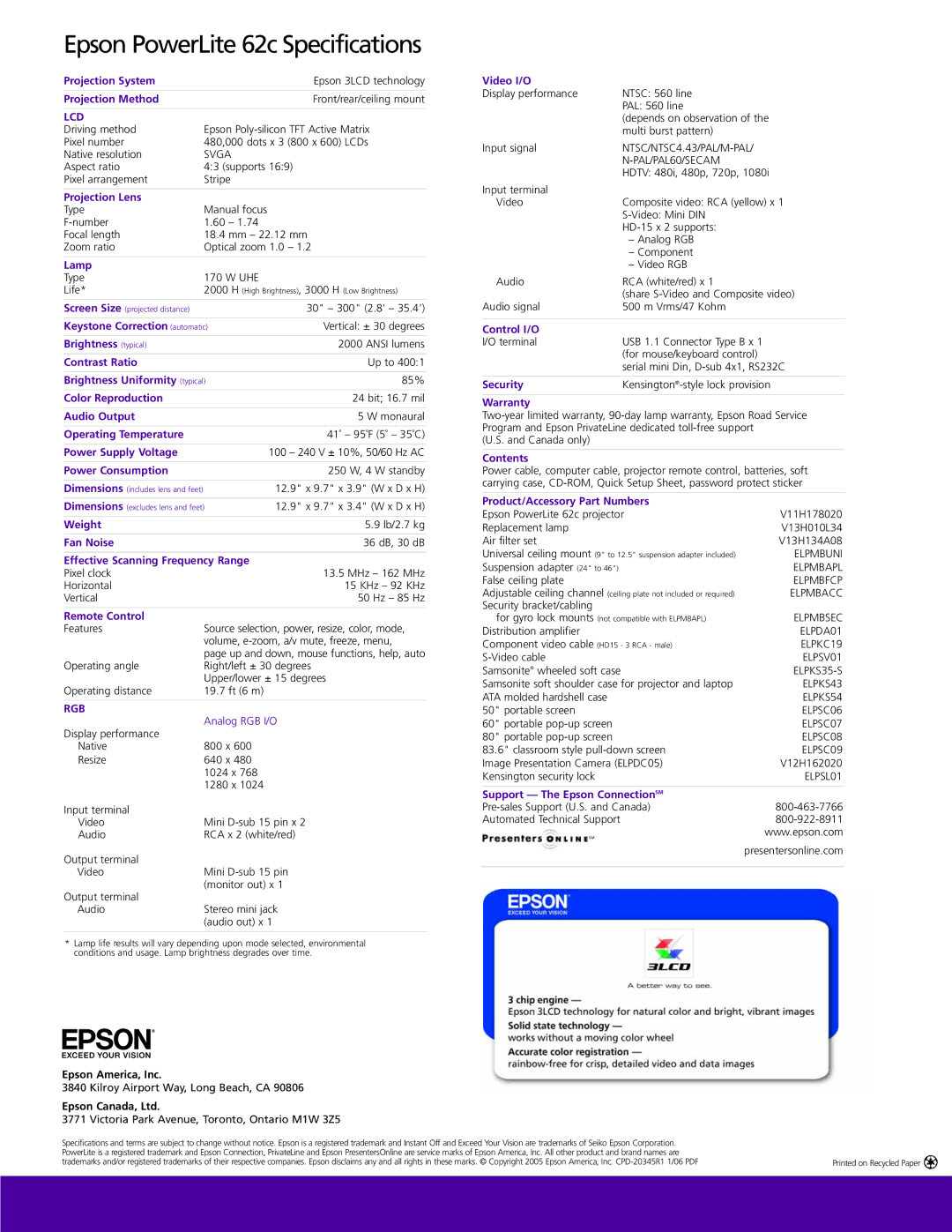 Epson 2000 Projection System, Projection Method, Projection Lens, Lamp, Keystone Correction automatic, Brightness typical 