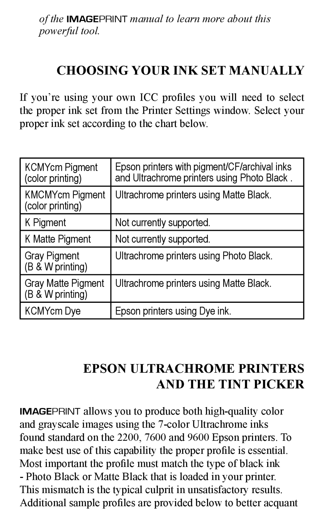 Epson 2000/XP quick start Choosing Your INK SET Manually, Epson Ultrachrome Printers and the Tint Picker 