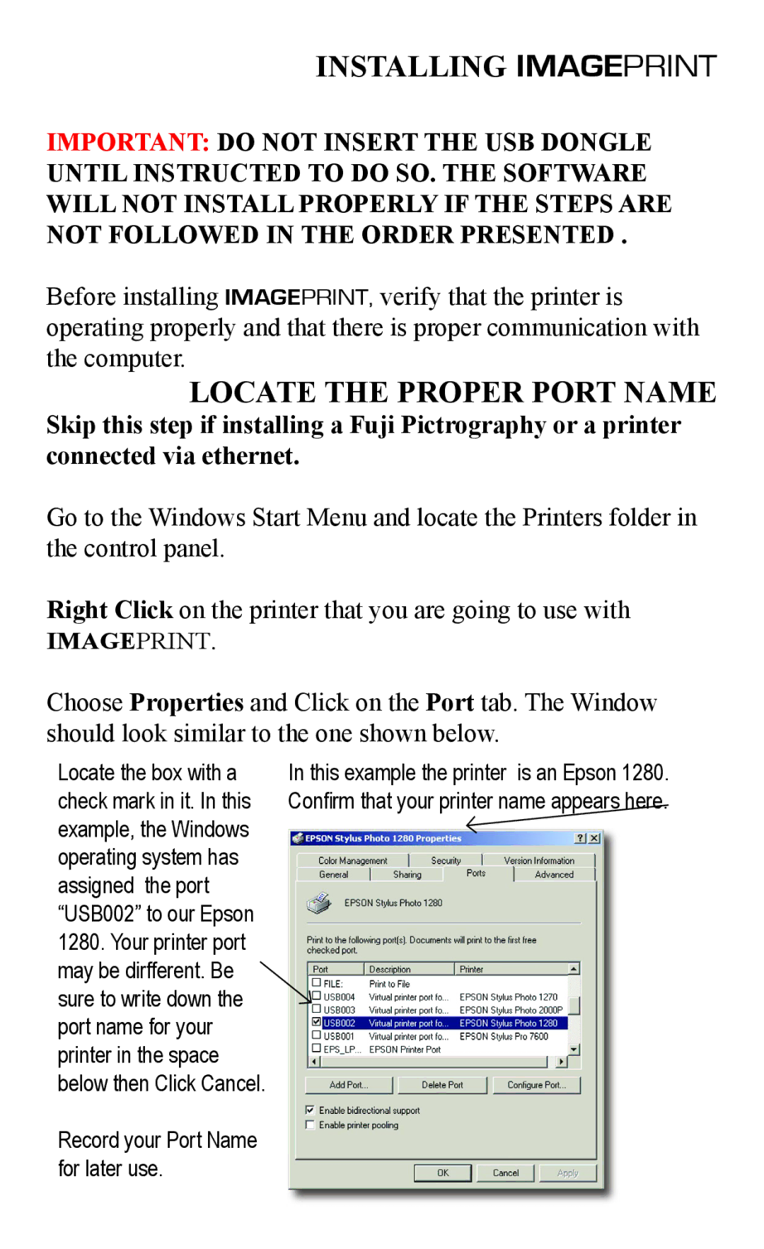 Epson 2000/XP quick start Installing Imageprint, Locate the Proper Port Name 