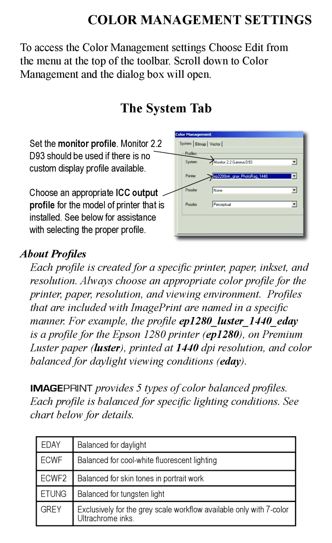 Epson 2000/XP quick start Color Management Settings, System Tab 