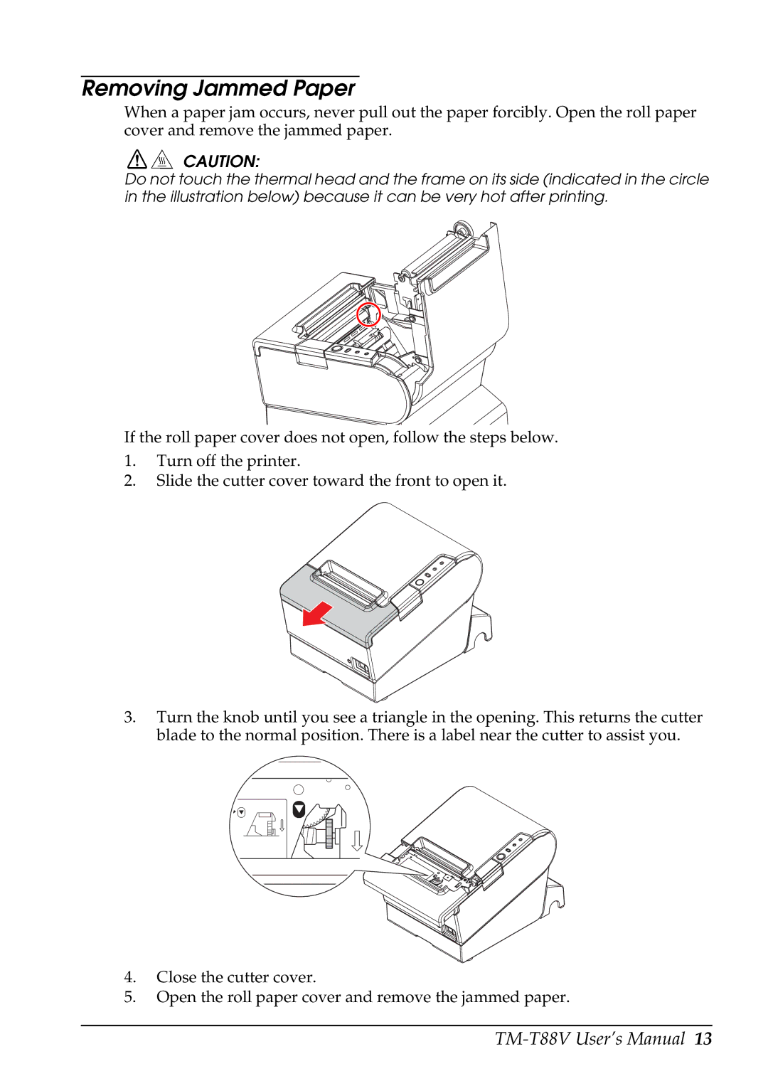 Epson TM-T88V, 2131885 user manual Removing Jammed Paper 