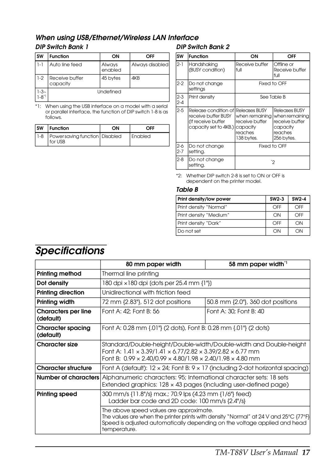 Epson TM-T88V, 2131885 user manual Specifications, When using USB/Ethernet/Wireless LAN Interface 