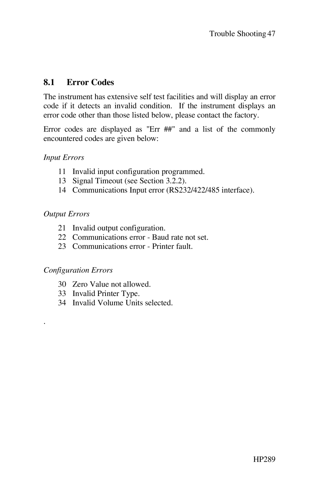 Epson 214D-1 user manual Error Codes, Input Errors, Output Errors, Configuration Errors 