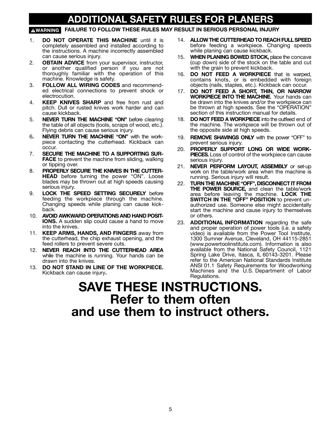 Epson 22-681 instruction manual Refer to them often Use them to instruct others, Additional Safety Rules for Planers 