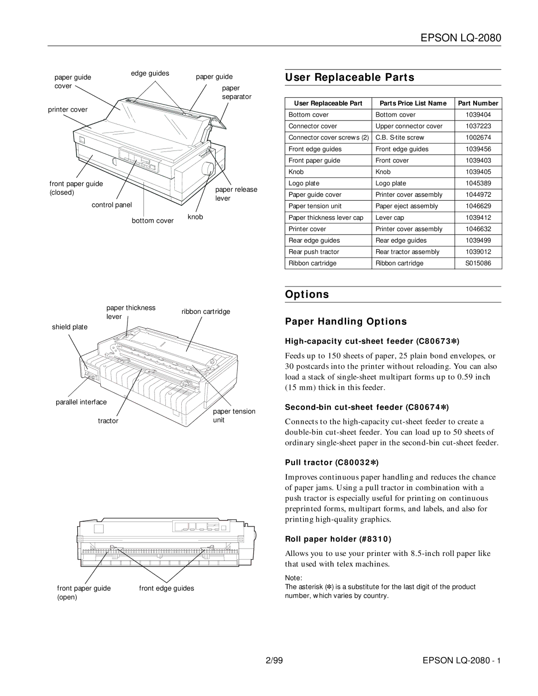 Epson 220 manual User Replaceable Parts, Paper Handling Options 