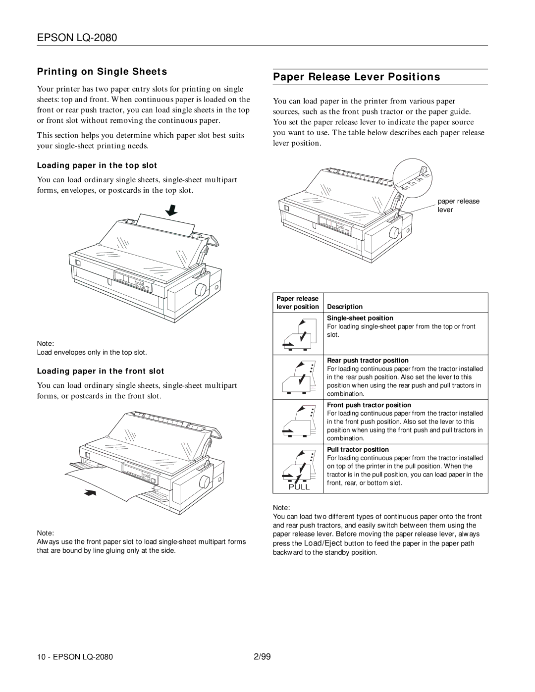 Epson 220 manual Paper Release Lever Positions, Printing on Single Sheets, Loading paper in the top slot 