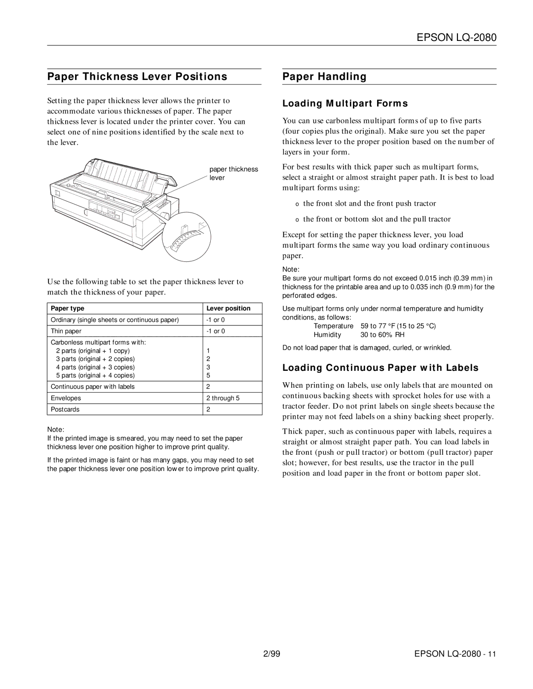 Epson 220 Paper Thickness Lever Positions, Paper Handling, Loading Multipart Forms, Loading Continuous Paper with Labels 