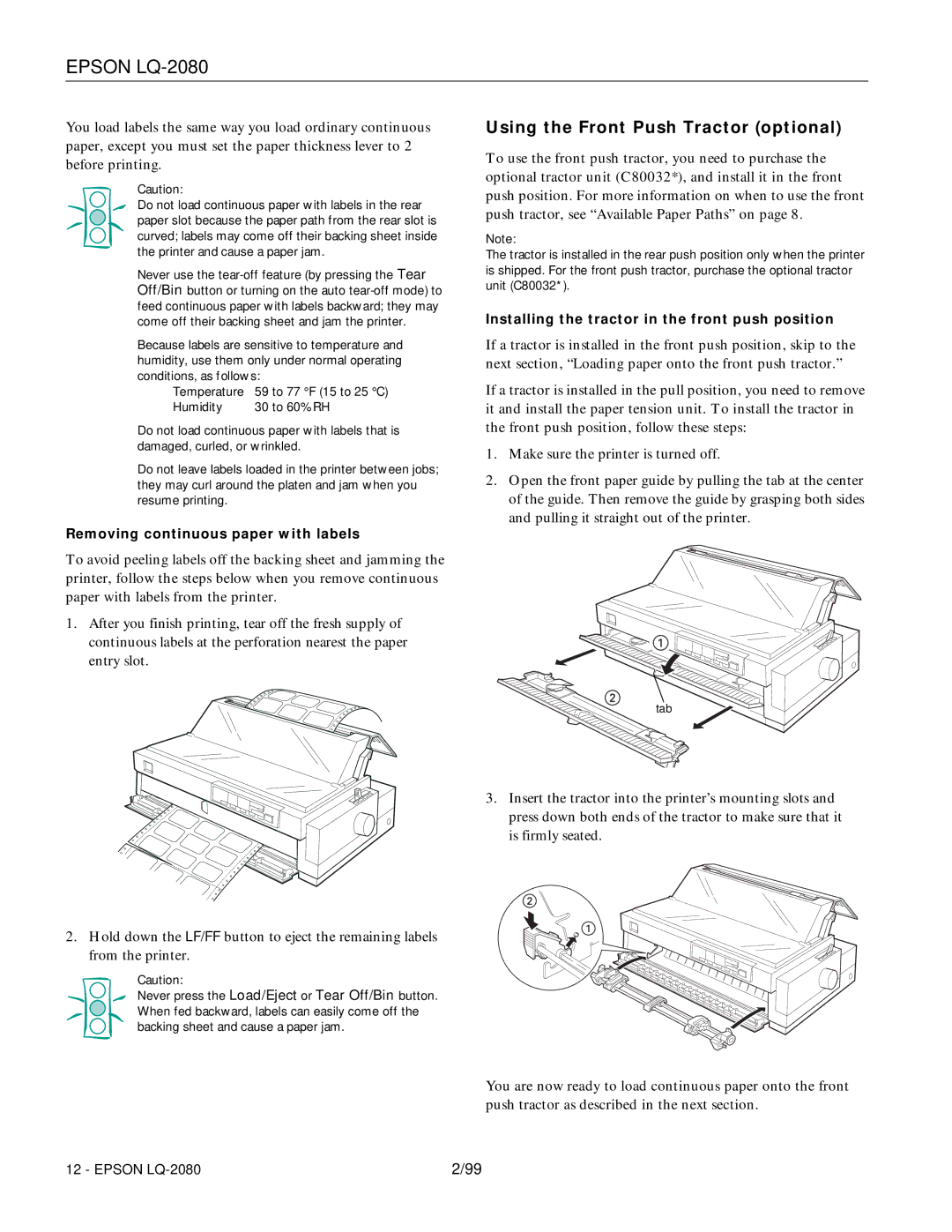 Epson 220 manual Using the Front Push Tractor optional, Removing continuous paper with labels 