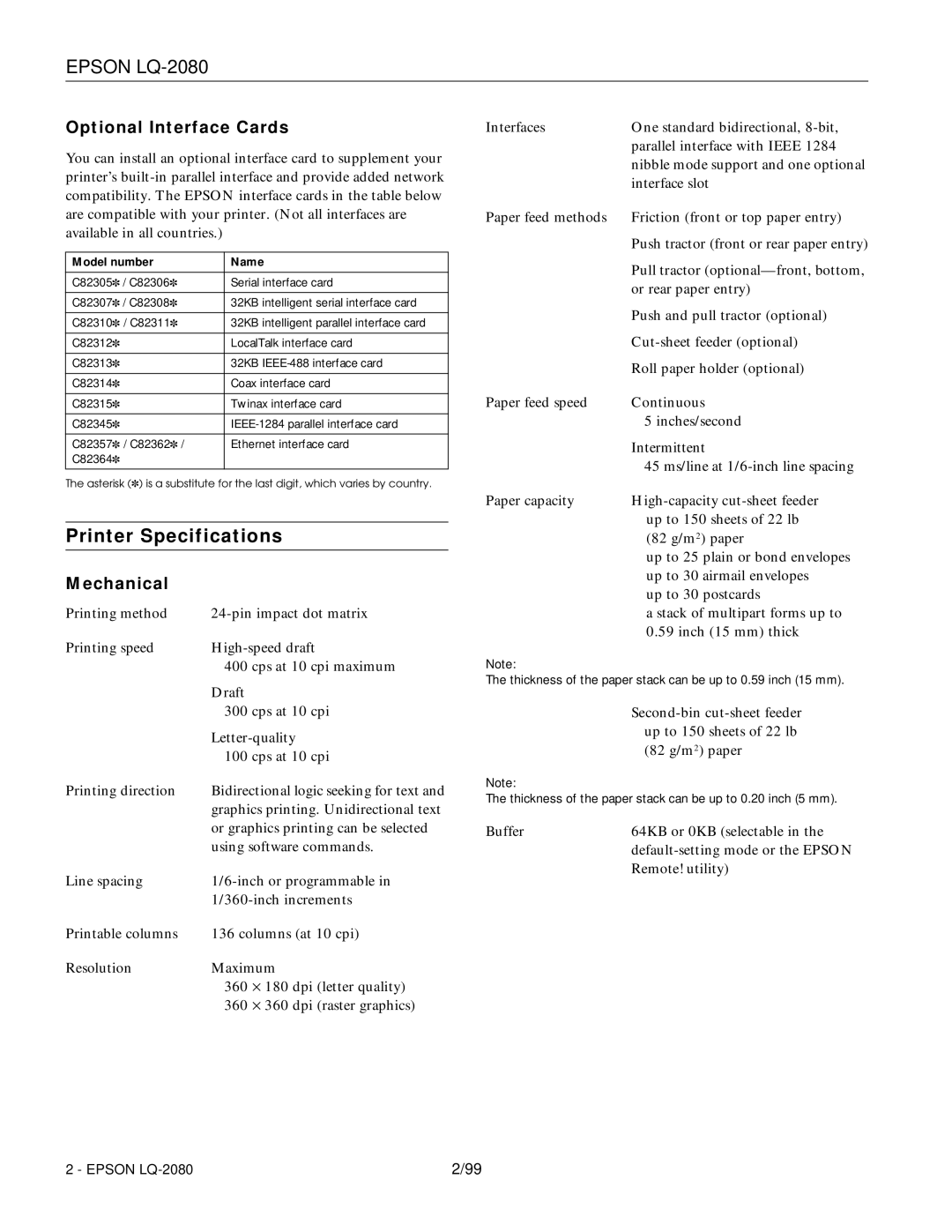 Epson 220 manual Printer Specifications, Optional Interface Cards, Mechanical, Model number Name 