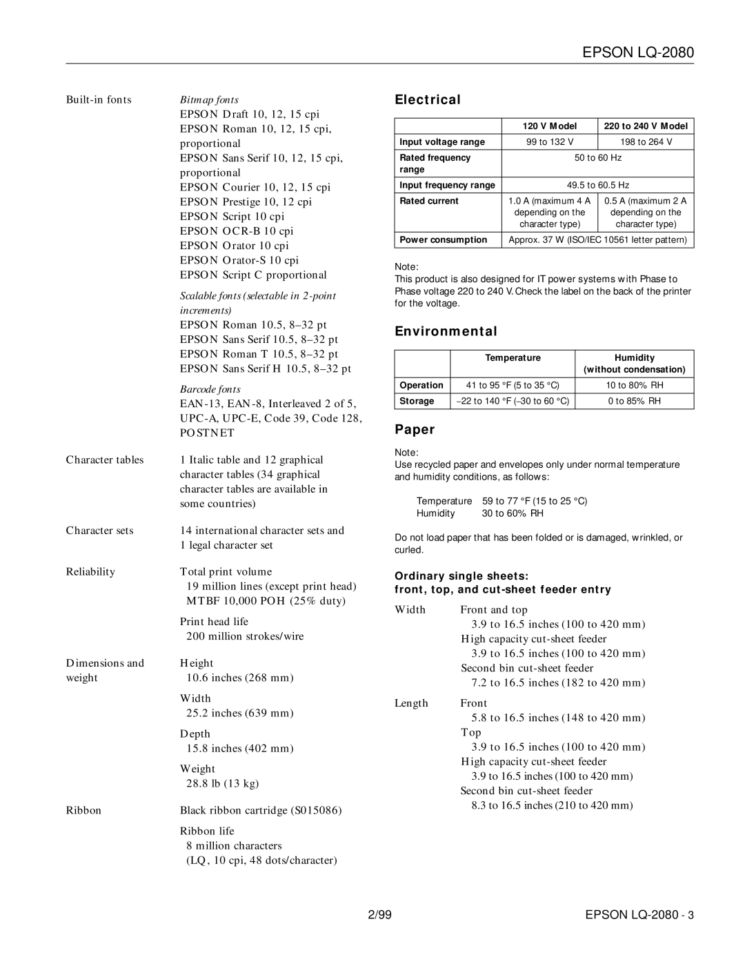 Epson 220 manual Electrical, Environmental, Paper 