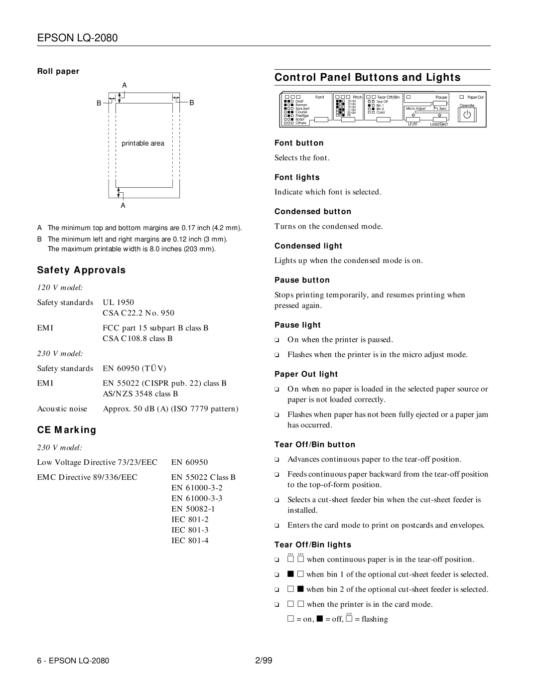 Epson 220 manual Control Panel Buttons and Lights, Safety Approvals, CE Marking 