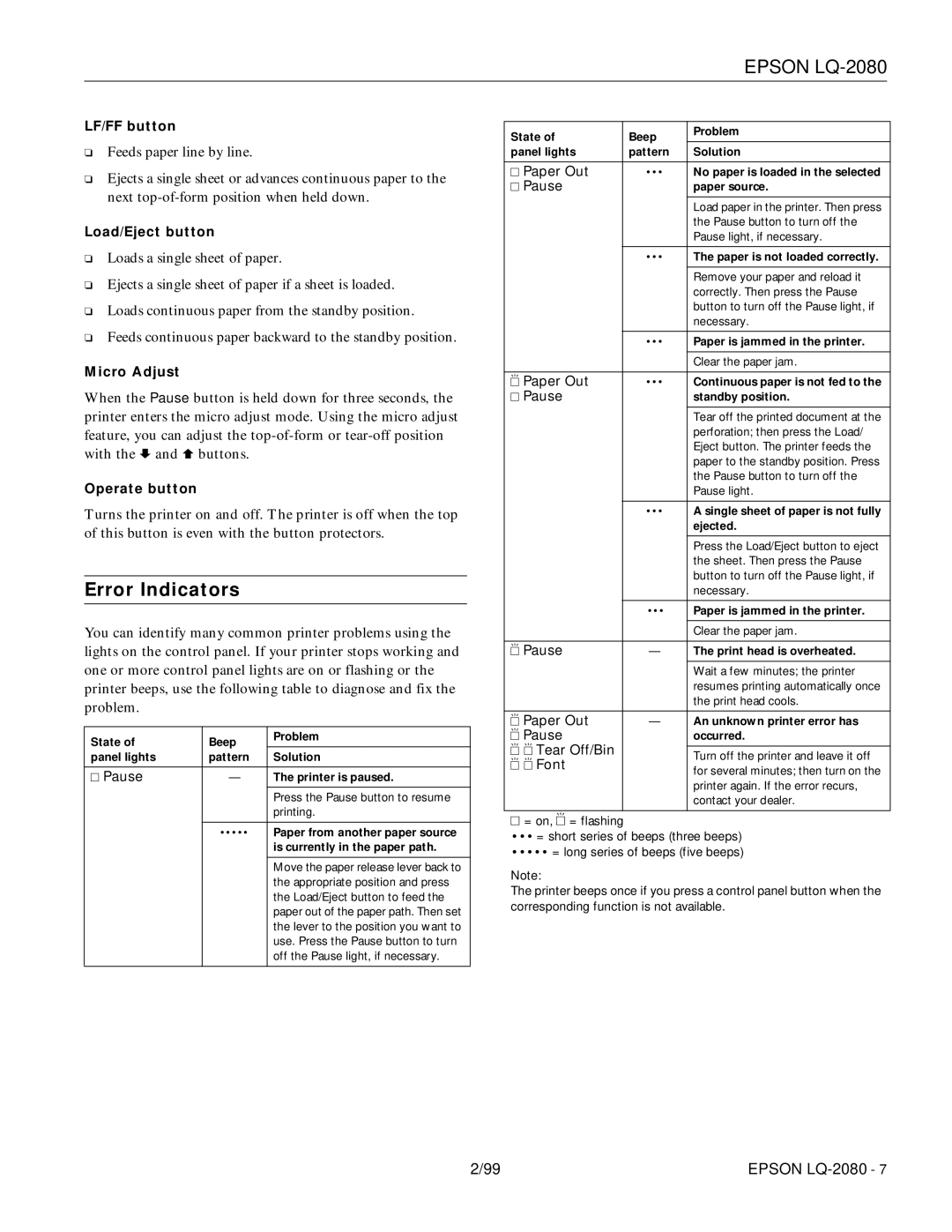 Epson 220 manual Error Indicators 