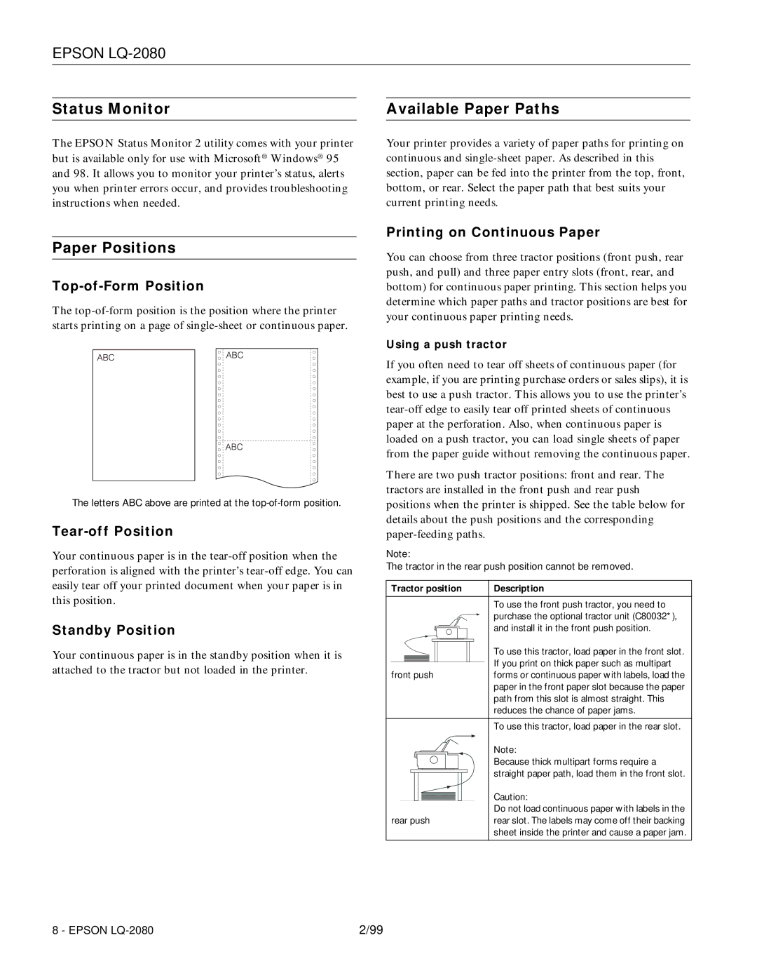 Epson 220 manual Status Monitor, Paper Positions, Available Paper Paths 