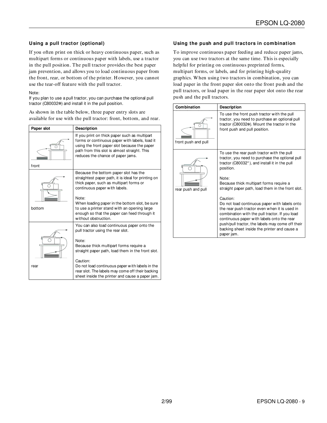 Epson 220 manual Using a pull tractor optional, Using the push and pull tractors in combination, Paper slot Description 