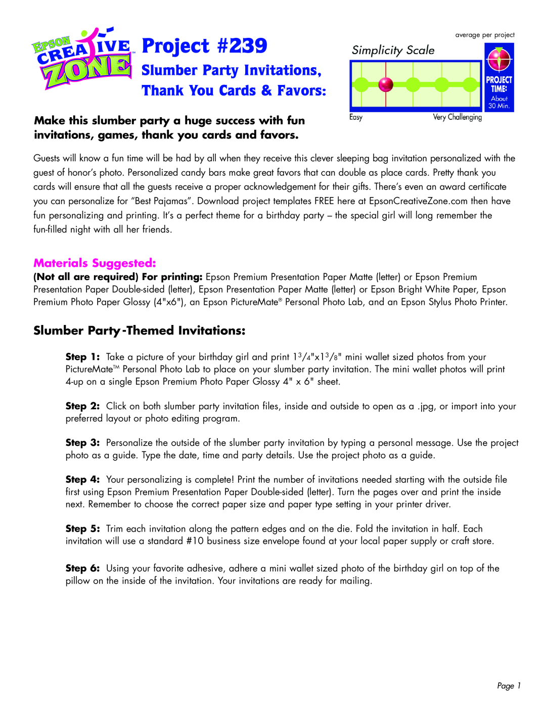 Epson manual Slumber Party -Themed Invitations, Project #239, Slumber Party Invitations Thank You Cards & Favors 