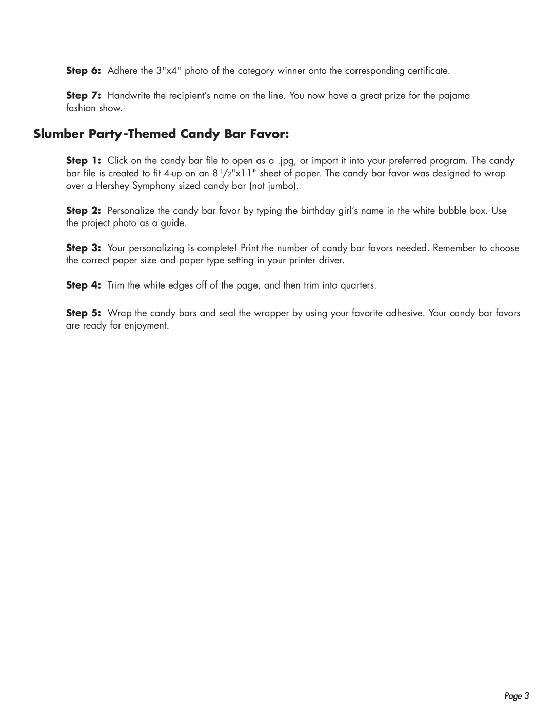 Epson 239 manual Slumber Party -Themed Candy Bar Favor 