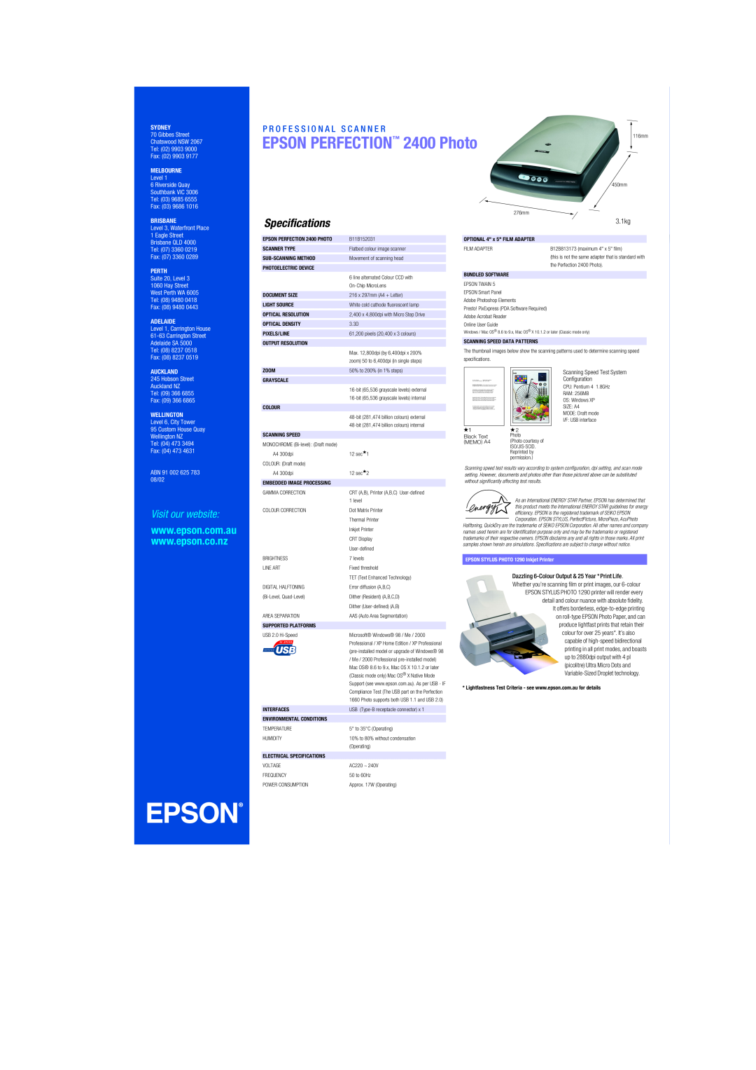 Epson EPSON PERFECTION 2400 Photo, Specifications, Visit our website, P R O F E S S I O N A L S C A N N E R, 3.1kg 