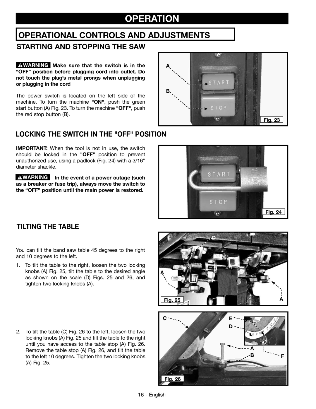 Epson 28-276 instruction manual Starting and stopping the saw, Locking the switch in the off position, Tilting the table 