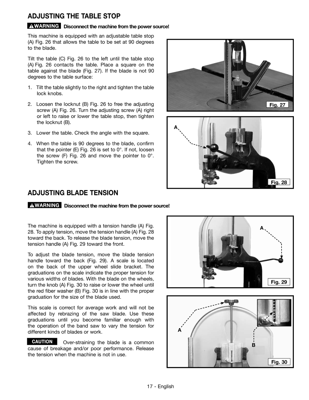 Epson 28-276 instruction manual Adjusting the table stop, Adjusting blade tension 