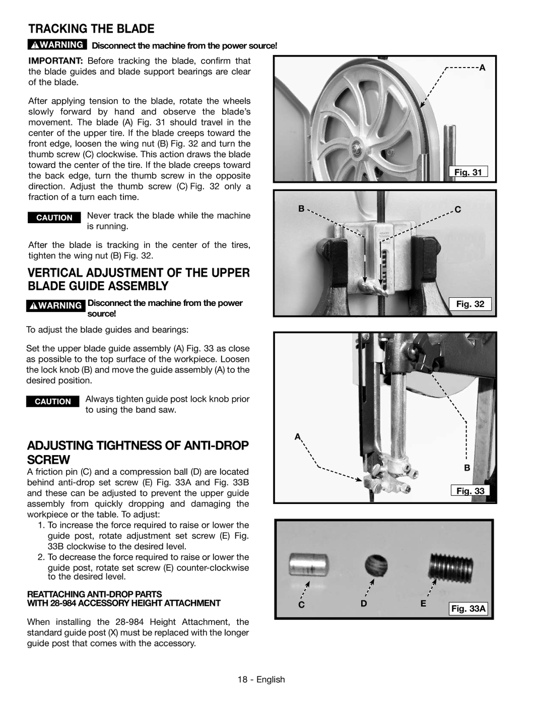 Epson 28-276 instruction manual Tracking the blade, Vertical Adjustment of the upper Blade guide assembly 