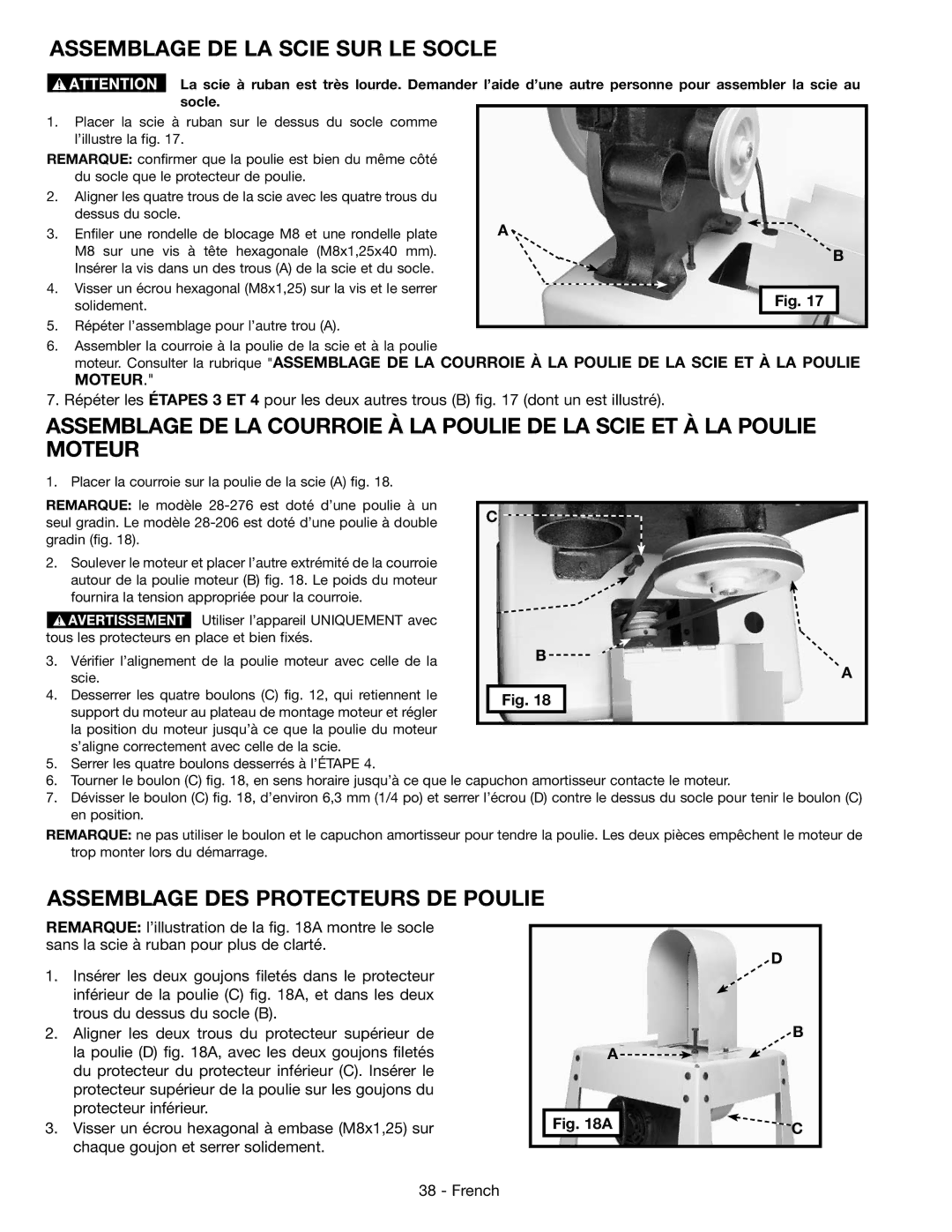 Epson 28-276 instruction manual Assemblage DE LA Scie SUR LE Socle, Assemblage DES Protecteurs DE Poulie 