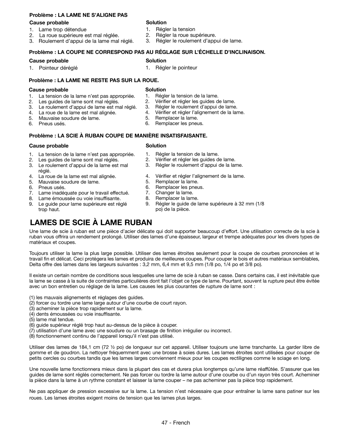 Epson 28-276 instruction manual Lames DE Scie À Lame Ruban, Problème LA Lame NE S’ALIGNE PAS Cause probable 