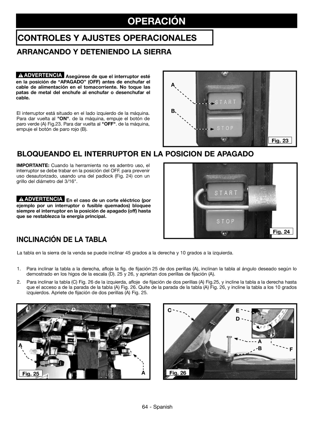 Epson 28-276 Operación, Arrancando Y Deteniendo LA Sierra, Bloqueando EL Interruptor EN LA Posicion DE Apagado 