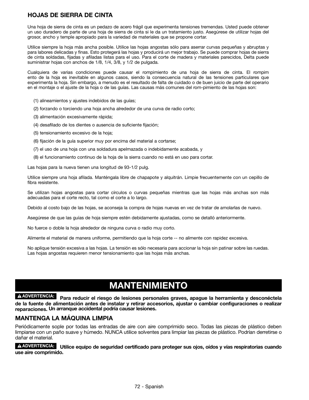 Epson 28-276 instruction manual Mantenimiento, Hojas DE Sierra DE Cinta, Mantenga LA Máquina Limpia 