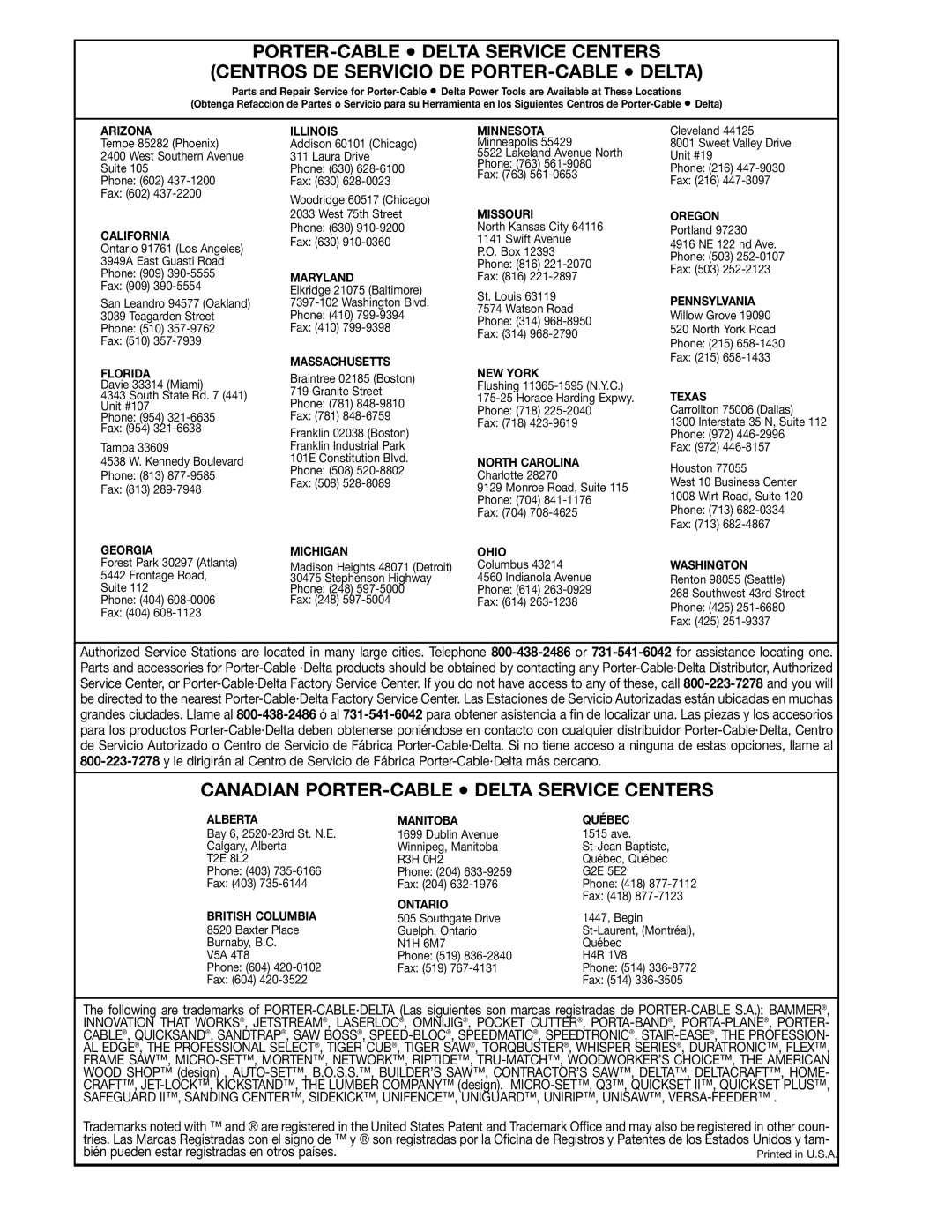 Epson 28-293 instruction manual Canadian PORTER-CABLE Delta Service Centers 