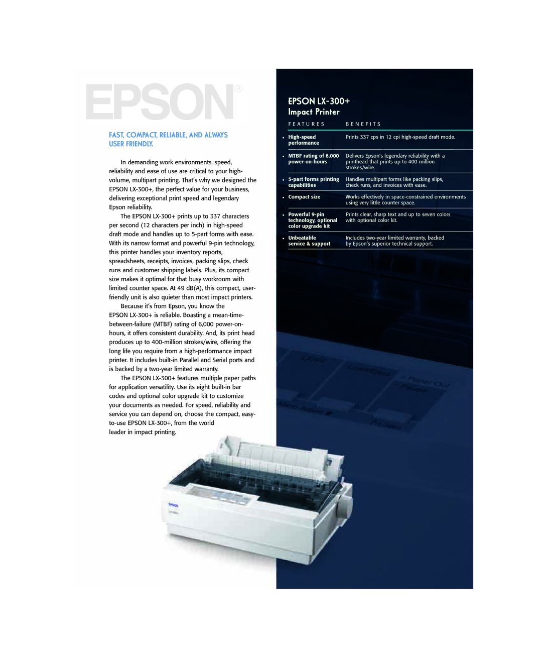 Epson warranty Epson LX-300+, Impact Printer, FAST, COMPACT, RELIABLE, and Always User Friendly 