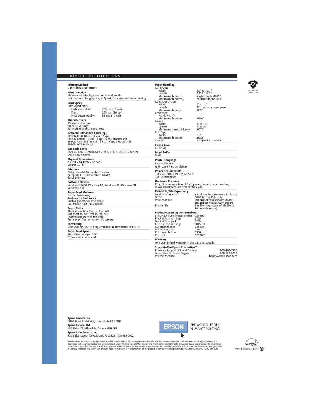 Epson 300 warranty I N T E R Specification S, Epson ESC/P2, Mtbf 