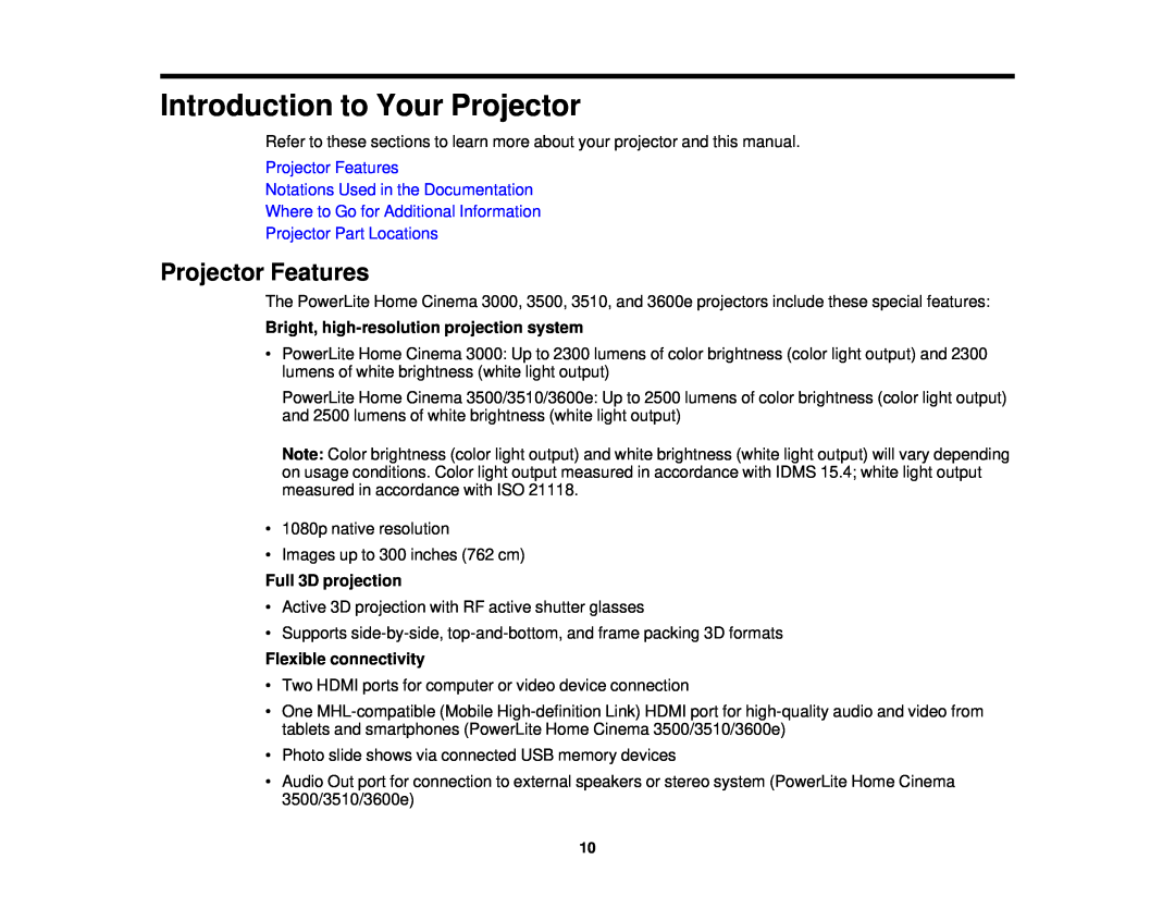Epson 3000/3500/3510/3600e manual Introduction to Your Projector, Projector Features, Notations Used in the Documentation 