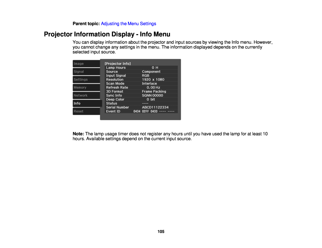 Epson 3000/3500/3510/3600e manual Projector Information Display - Info Menu, Parent topic: Adjusting the Menu Settings 