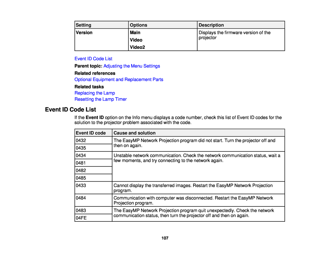 Epson 3000/3500/3510/3600e manual Event ID Code List, Replacing the Lamp Resetting the Lamp Timer 