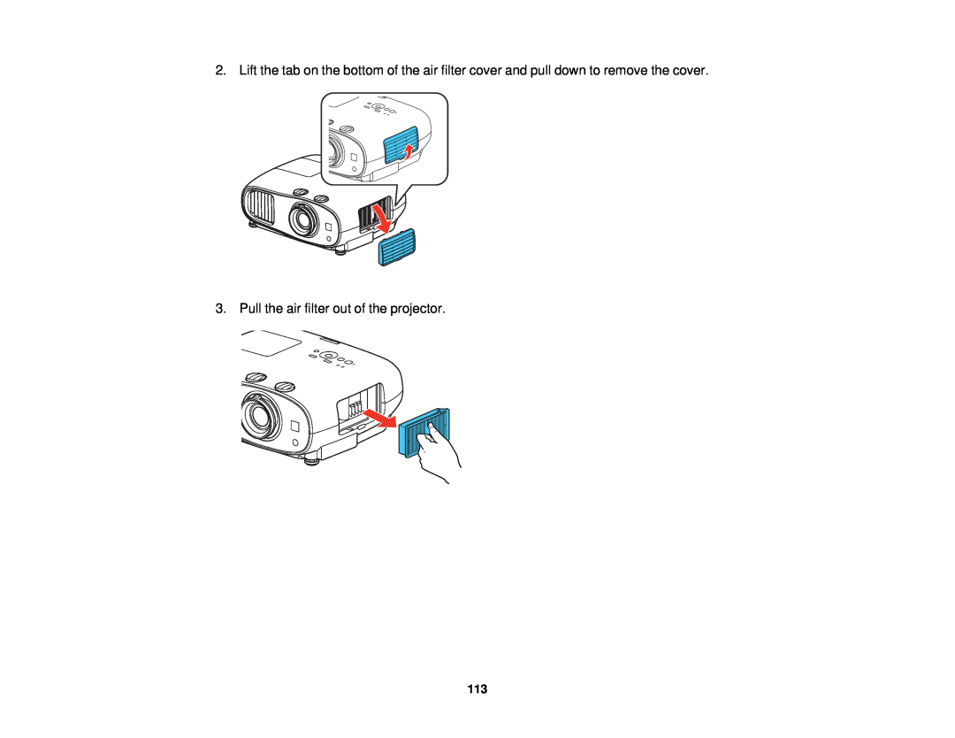 Epson 3000/3500/3510/3600e manual Pull the air filter out of the projector 