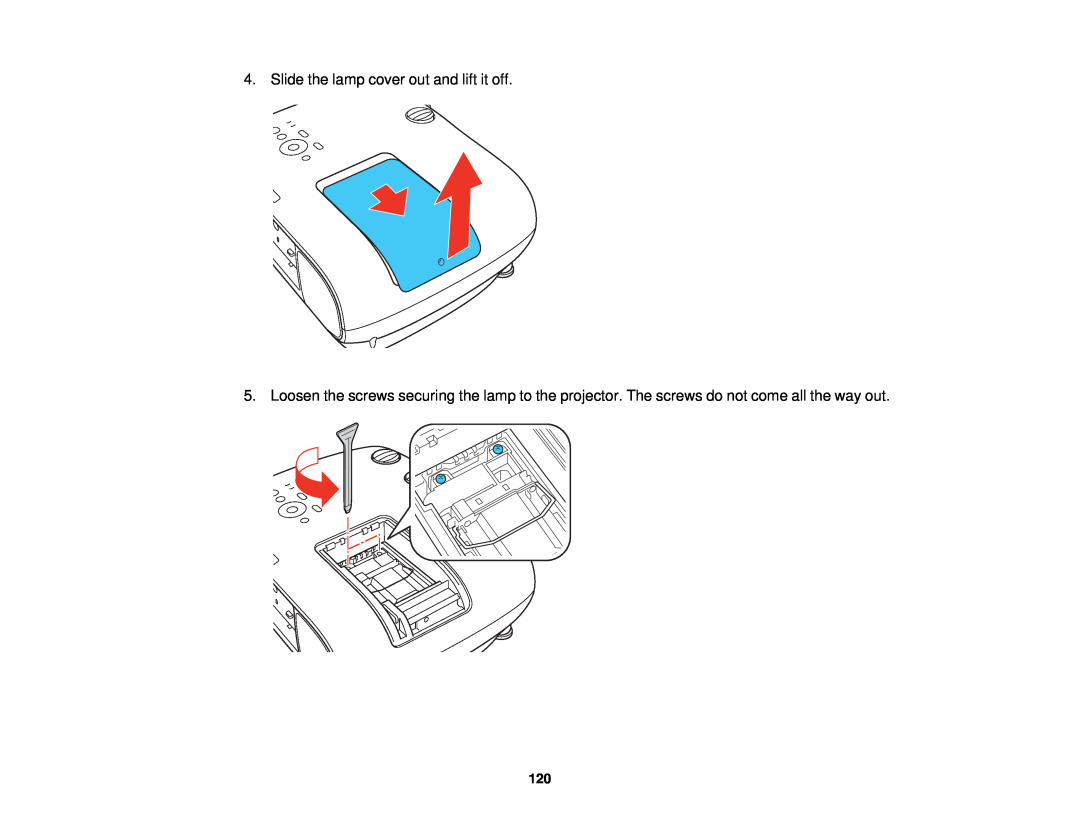 Epson 3000/3500/3510/3600e manual Slide the lamp cover out and lift it off 