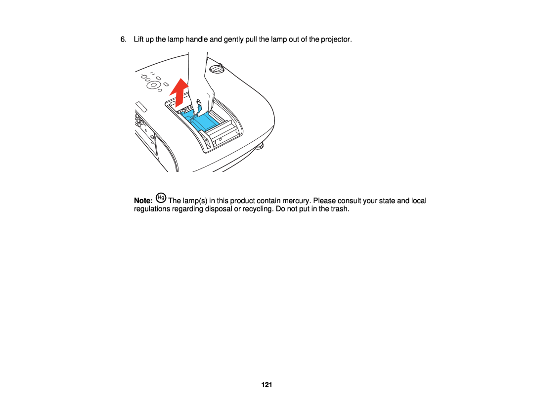 Epson 3000/3500/3510/3600e manual Lift up the lamp handle and gently pull the lamp out of the projector 