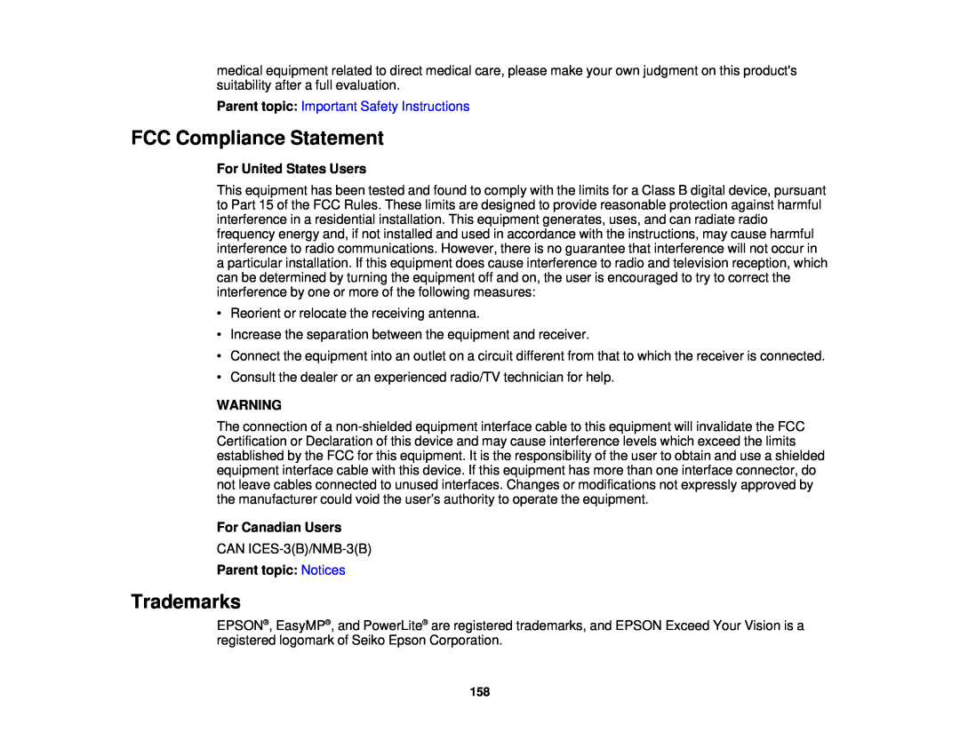 Epson 3000/3500/3510/3600e manual FCC Compliance Statement, Trademarks, Parent topic: Important Safety Instructions 