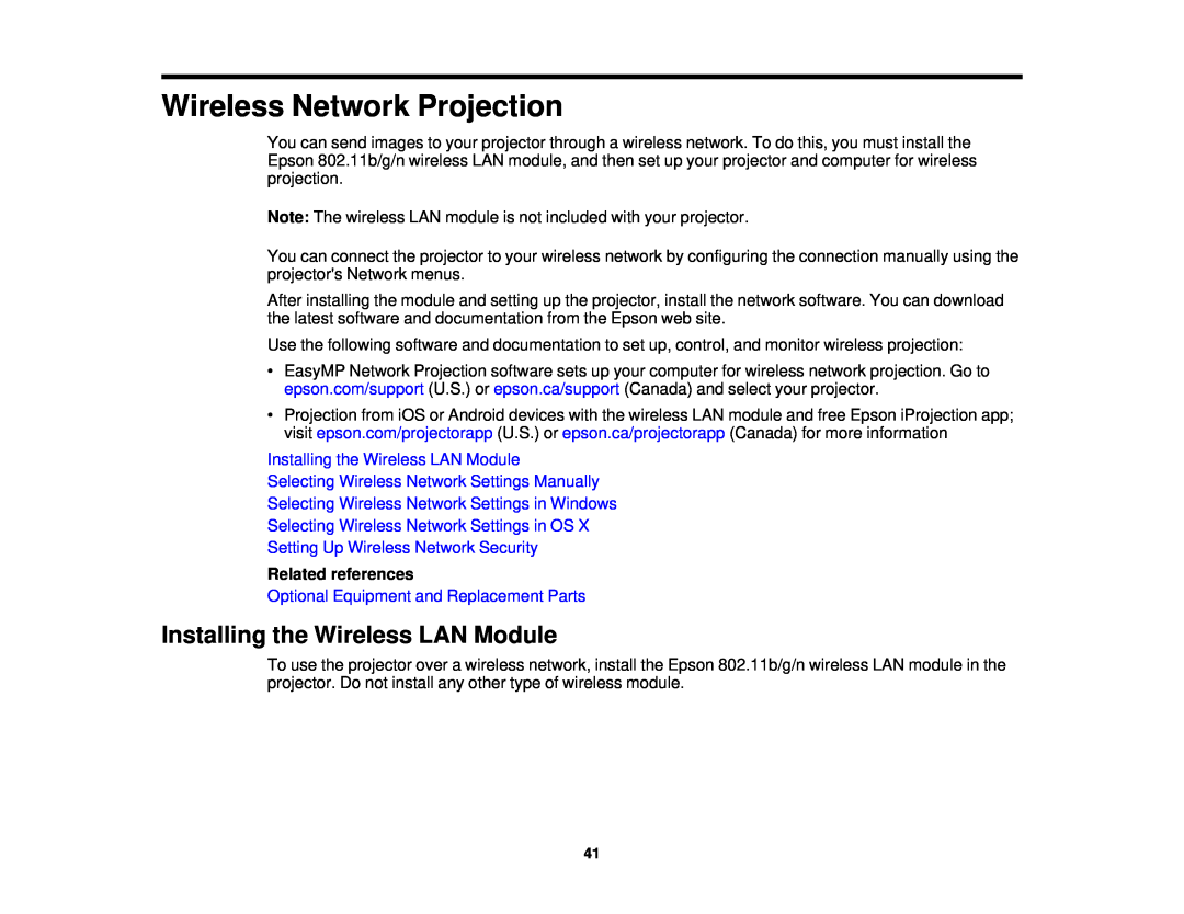 Epson 3000/3500/3510/3600e manual Wireless Network Projection, Installing the Wireless LAN Module 