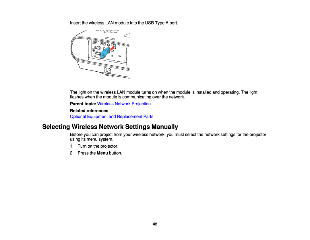 Epson 3000/3500/3510/3600e manual Selecting Wireless Network Settings Manually, Parent topic Wireless Network Projection 