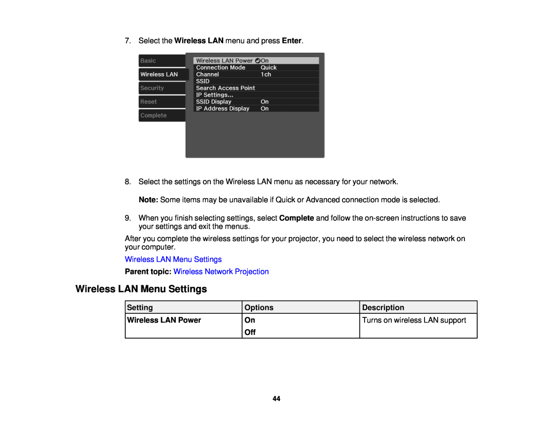 Epson 3000/3500/3510/3600e Wireless LAN Menu Settings, Parent topic: Wireless Network Projection, Options, Description 