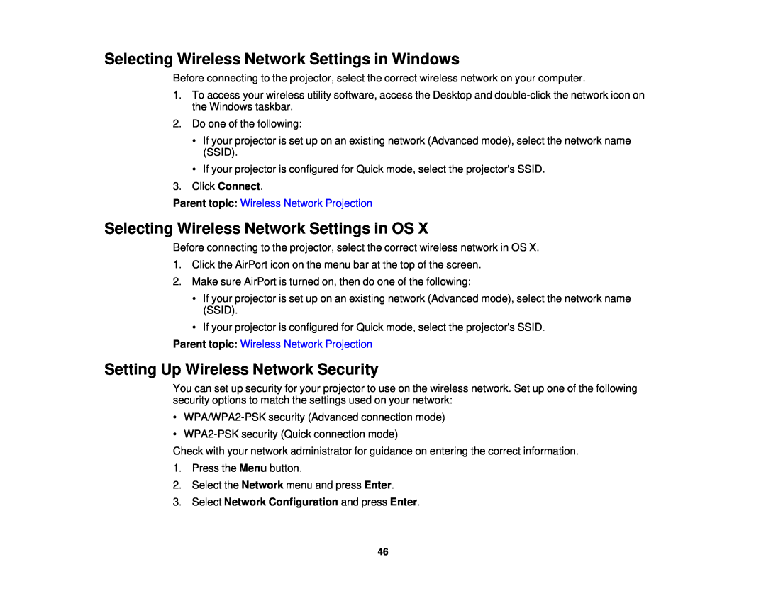 Epson 3000/3500/3510/3600e manual Selecting Wireless Network Settings in Windows, Selecting Wireless Network Settings in OS 