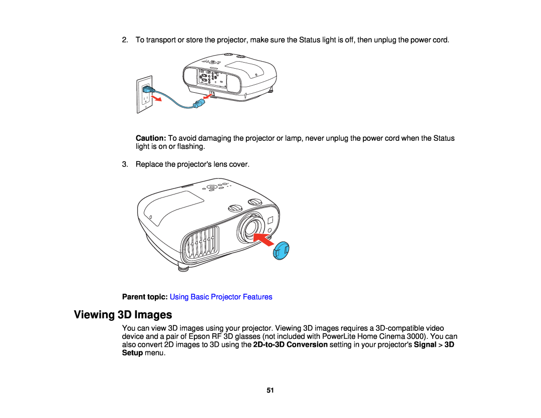 Epson 3000/3500/3510/3600e manual Viewing 3D Images, Parent topic: Using Basic Projector Features 