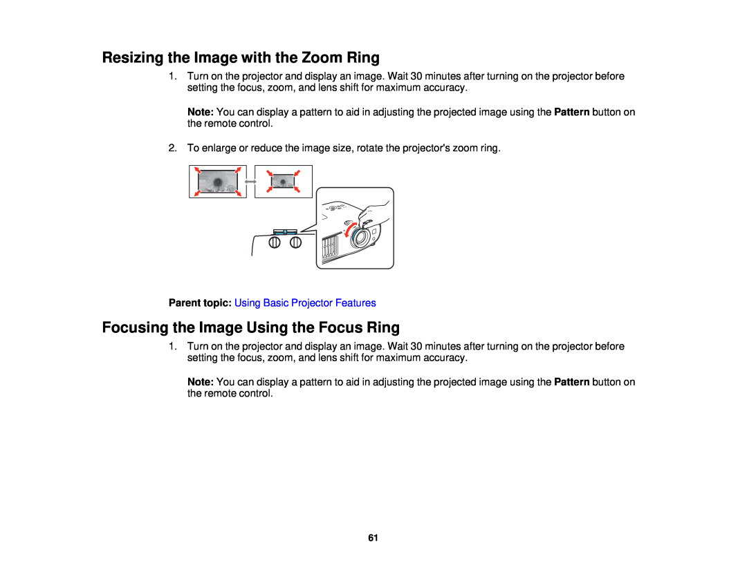 Epson 3000/3500/3510/3600e manual Resizing the Image with the Zoom Ring, Focusing the Image Using the Focus Ring 